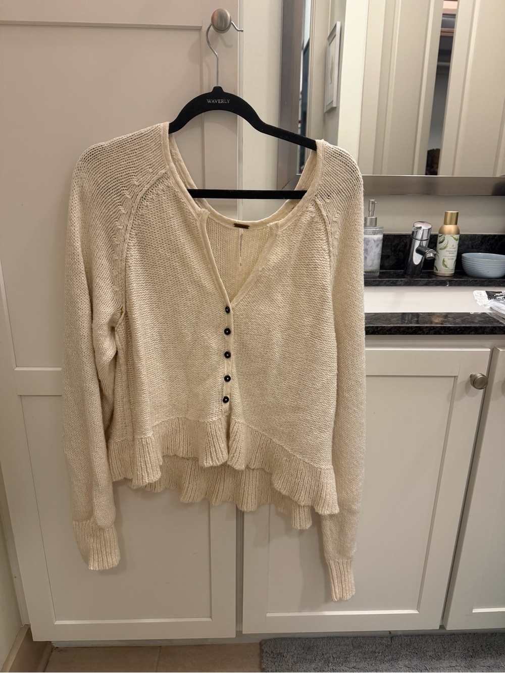 FP Cream Button-Front Ruffle Hem Sweater